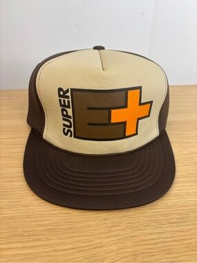 Vintage Yupoong Super E+ Beige and Brown FoamTrucker Hat with Orange Accent
